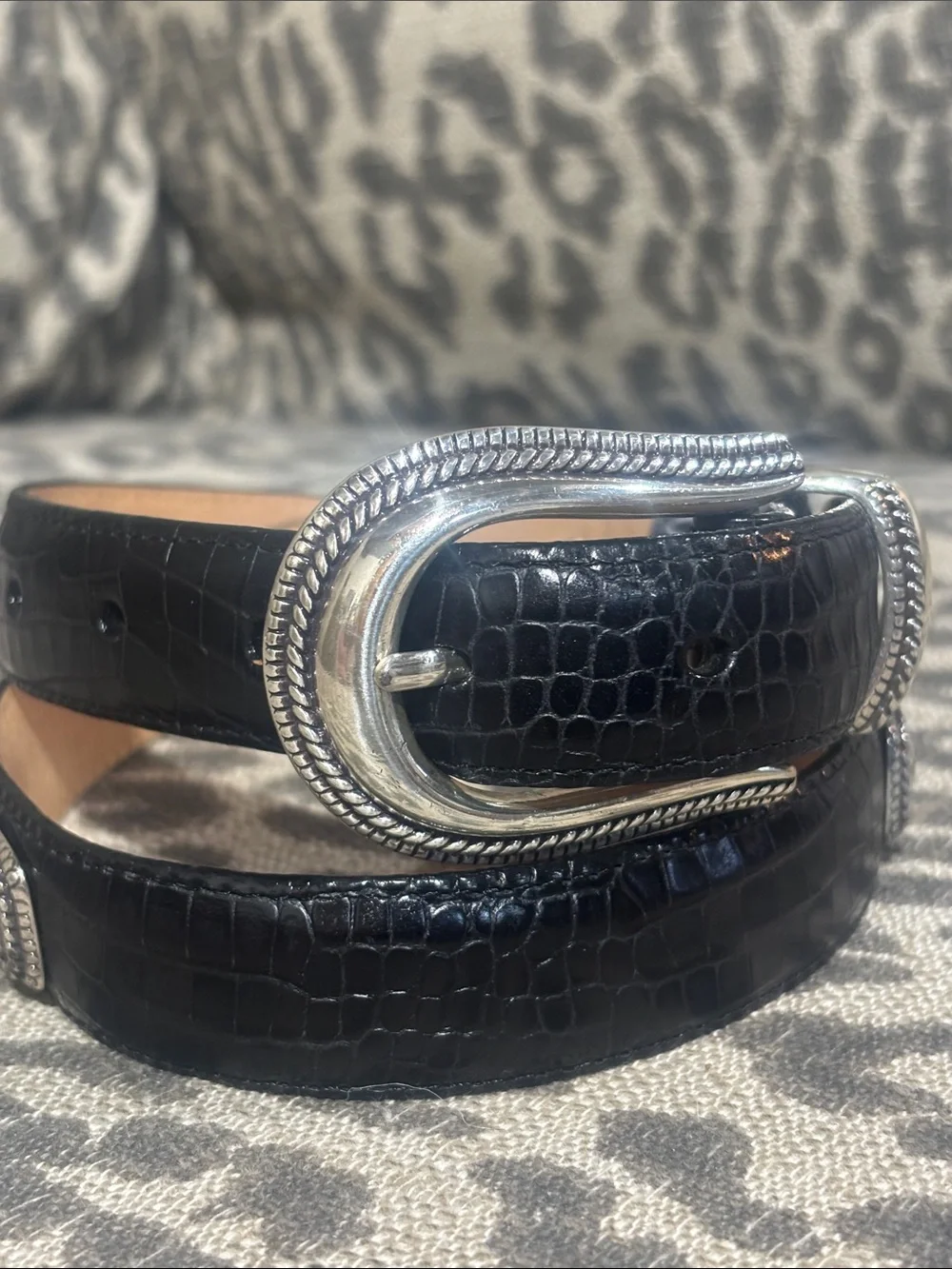 Vintage Brighton black belt embossed leather reptile snakeskin croc silver tone